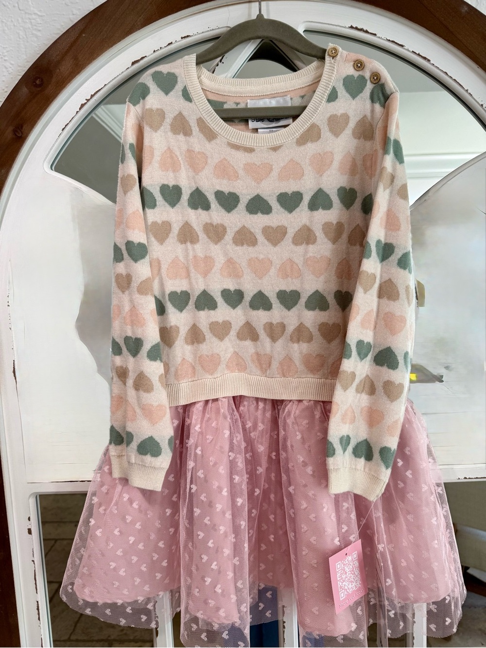 Rare Editions Cream Sweater with Pink Tulle Heart Skirt